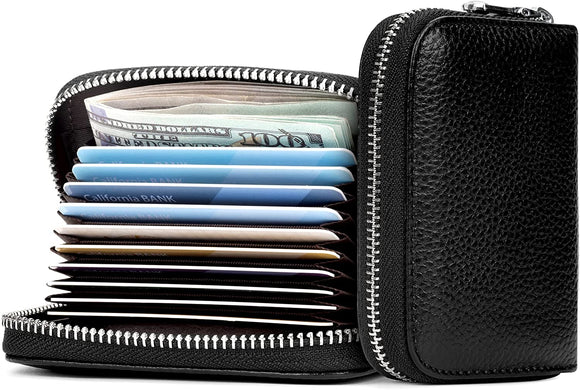 Migeec Credit Card Holder RFID Blocking Slim Leather Credit Card Wallets with Zipper for Women（Black）